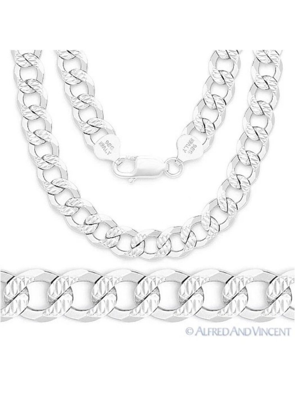 8.6mm Curb Link D-Cut Pave Italian Chain Necklace in .925 Sterling Silver - 26"